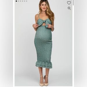 Green Gingham Print Smocked Fitted Self-Tie Maternity Midi Dress, medium